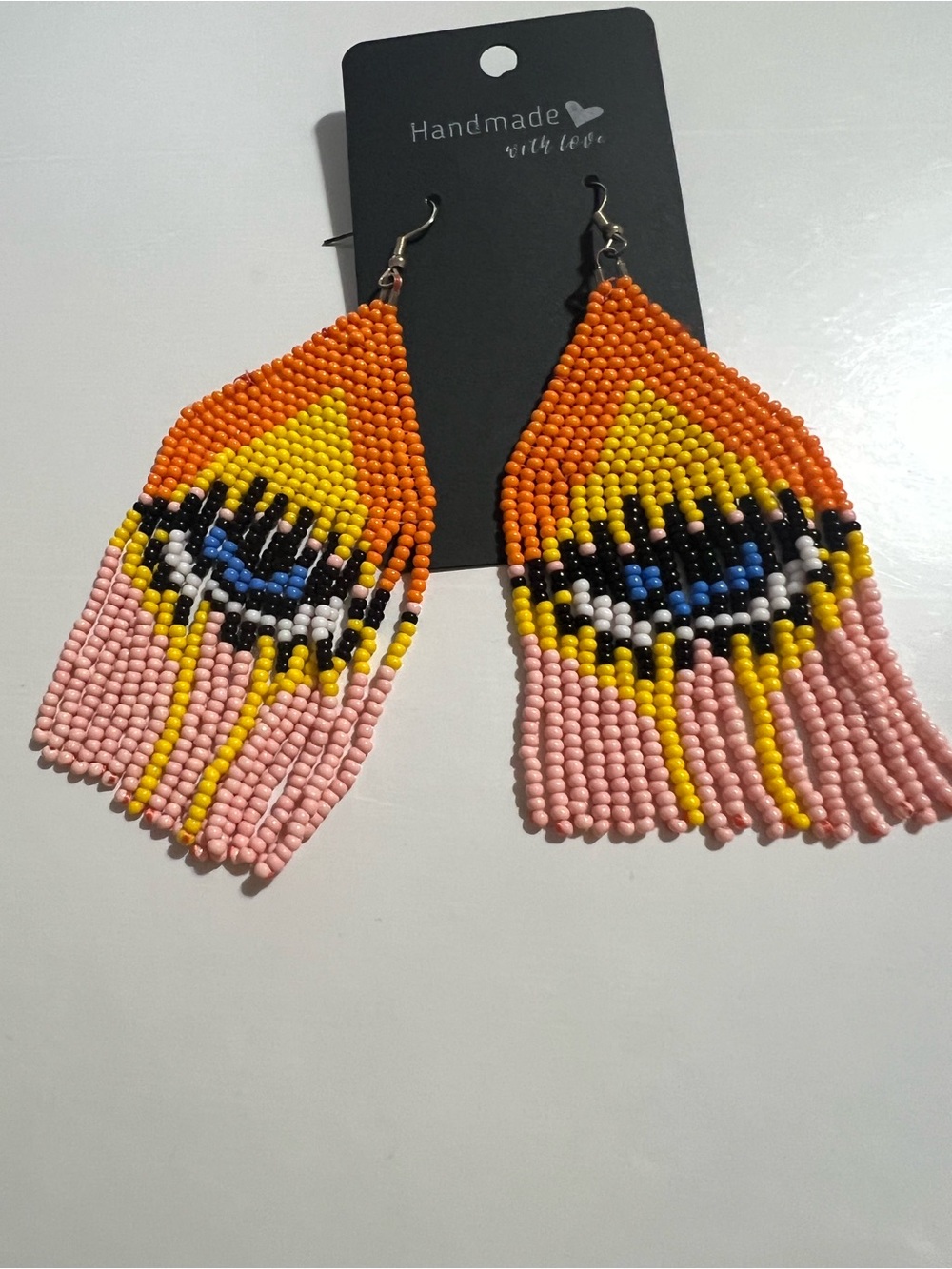 Handmade Beaded Fringe Eye Earrings in Orange, Pink & Yellow